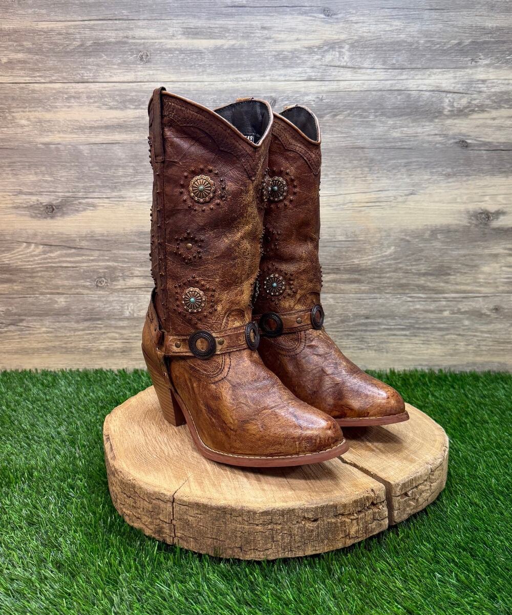 Dingo Women - Size 9.5M - Distressed Brown Studded Harness Cowboy Boots DI566